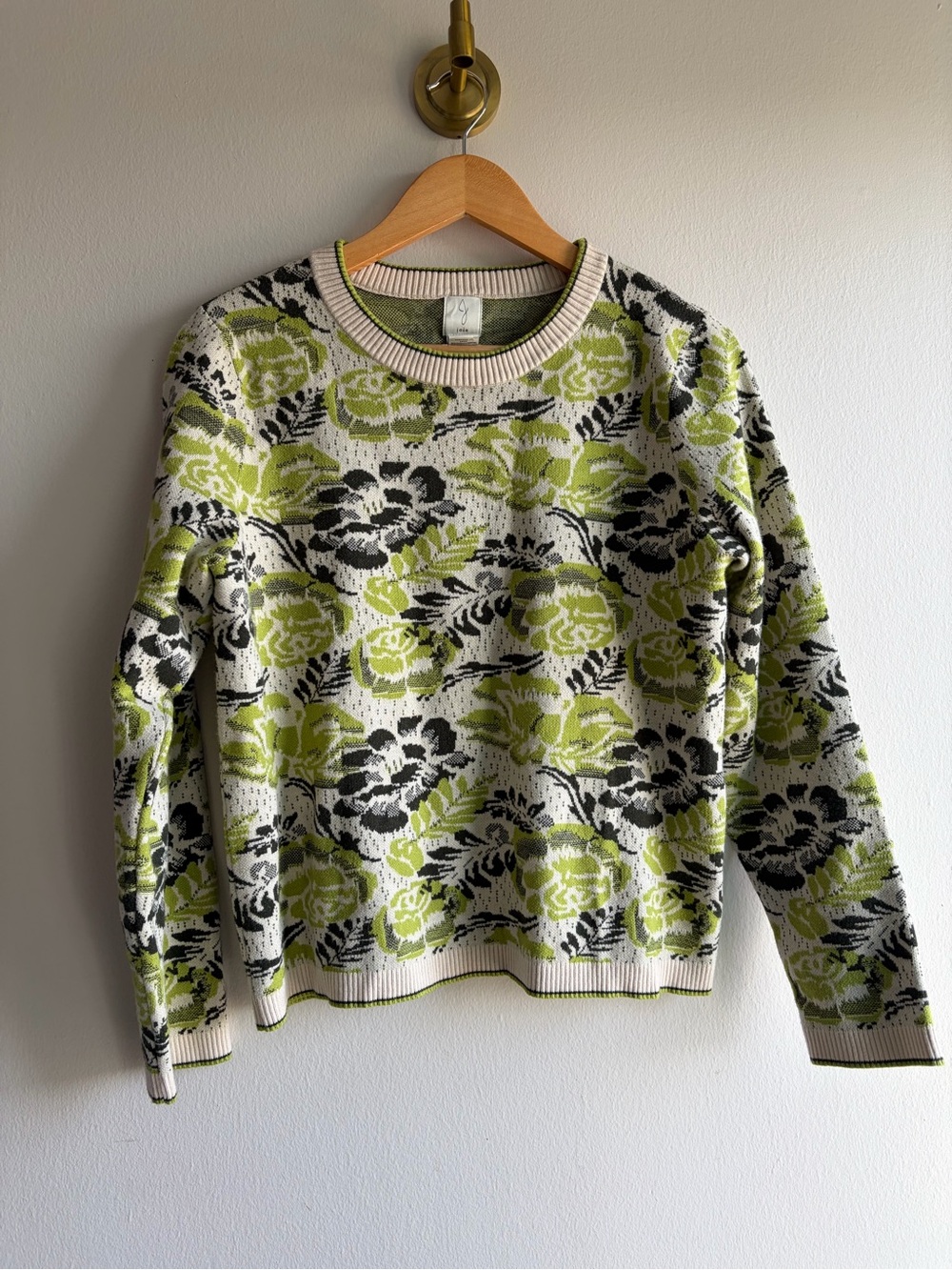 Joie Green, Black & Cream Floral Crewneck Sweater